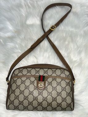 Gucci Beige Brown GG Canvas Crossbody with Green-Red Web and Gold Hardware